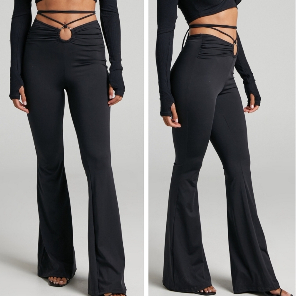 BY.DYLN Genesis Tie Waist Flare Pants Black High Waist Size L